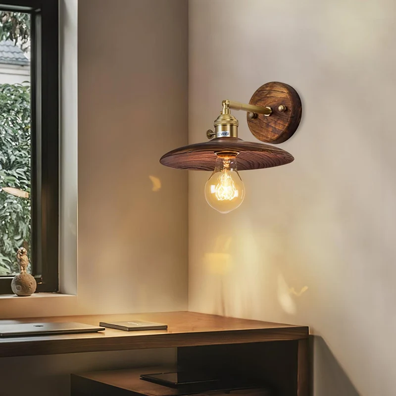 Wandlamp Walnotenhout Messing E27 20cm Rond Woonkamer Slaapkamer Gang Japandi
