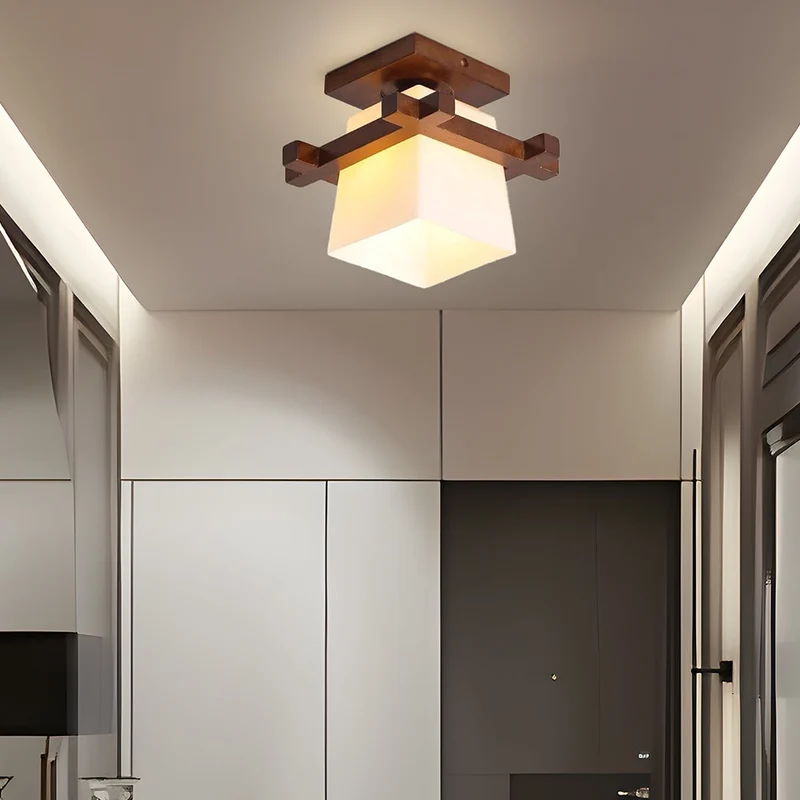 LED plafondlamp hout E27 wit Japandi hal slaapkamer woonkamer 20 cm vierkante plafondlamp Japanse stijl | Sansoti