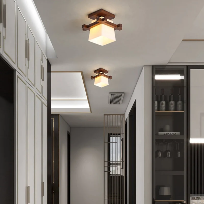 LED plafondlamp hout E27 wit Japandi hal slaapkamer woonkamer 20 cm vierkante plafondlamp Japanse stijl | Sansoti
