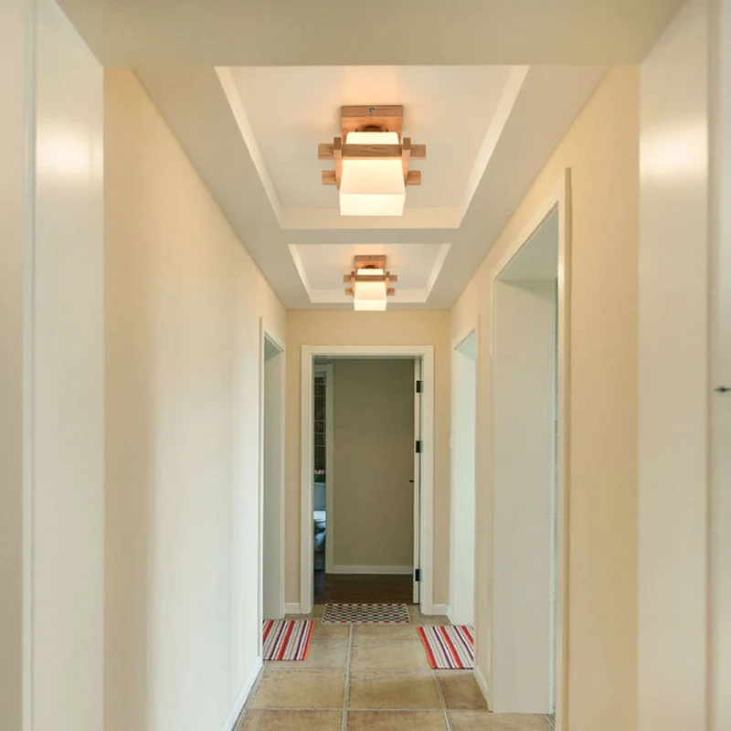 LED plafondlamp hout E27 wit Japandi hal slaapkamer woonkamer 20 cm vierkante plafondlamp Japanse stijl | Sansoti