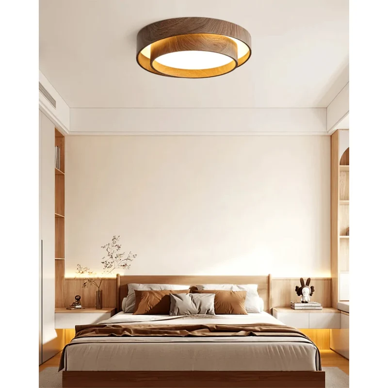 LED plafondlamp houtlook walnoot Japandi woonkamer slaapkamer ronde plafondlamp moderne verlichting houtnerf look | Sansoti