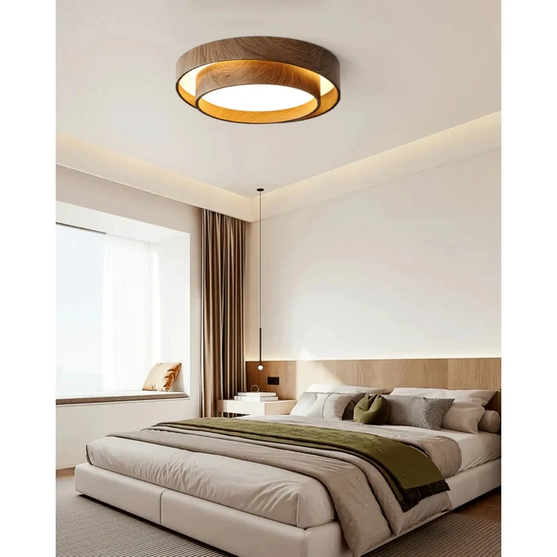 LED plafondlamp houtlook walnoot Japandi woonkamer slaapkamer ronde plafondlamp moderne verlichting houtnerf look | Sansoti