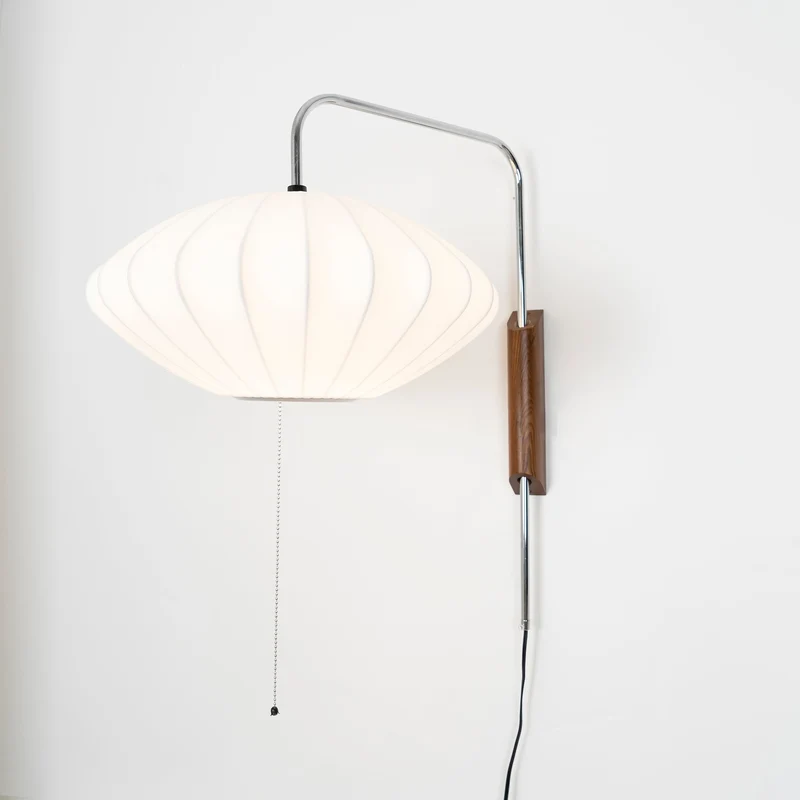 Wandlamp Zijden Kap Walnoot Metaal Wit Woonkamer Slaapkamer | Sansoti