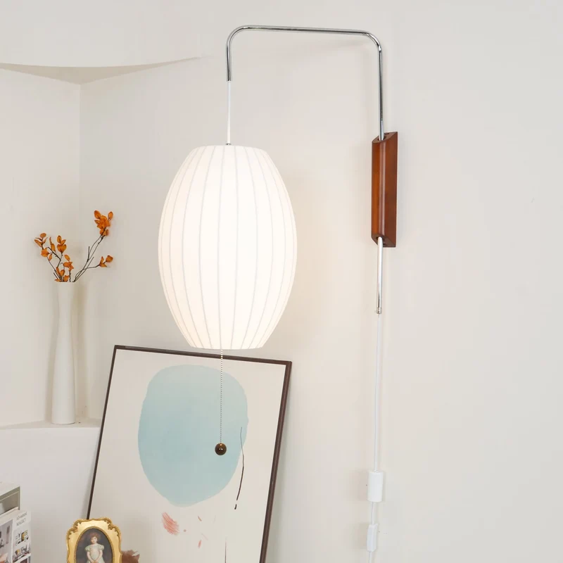 Wandlamp Zijden Kap Walnoot Metaal Wit Woonkamer Slaapkamer | Sansoti