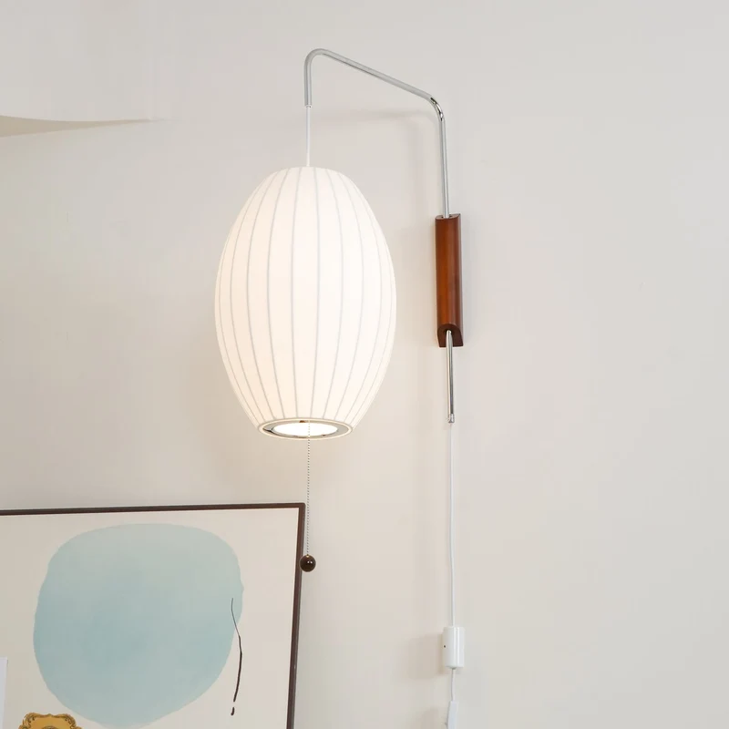 Wandlamp Zijden Kap Walnoot Metaal Wit Woonkamer Slaapkamer | Sansoti