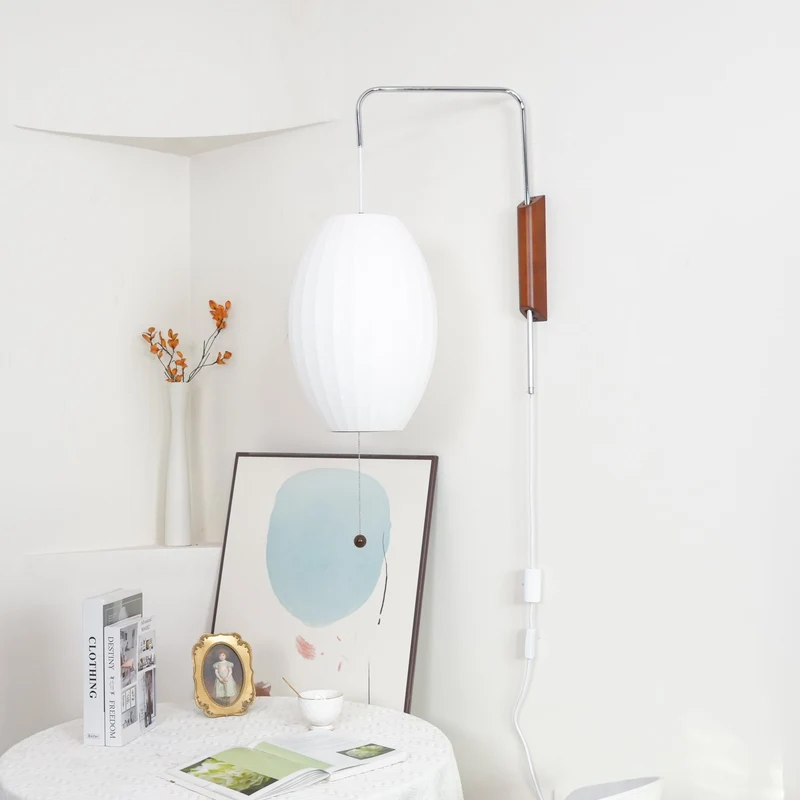 Wandlamp Zijden Kap Walnoot Metaal Wit Woonkamer Slaapkamer | Sansoti