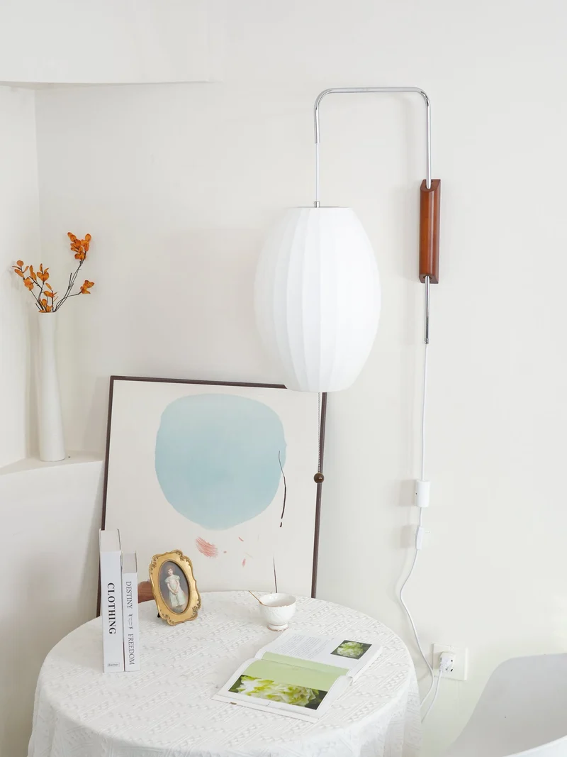 Wandlamp Zijden Kap Walnoot Metaal Wit Woonkamer Slaapkamer | Sansoti