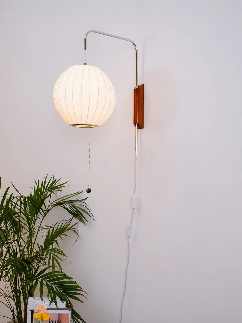 Wandlamp Zijden Kap Walnoot Metaal Wit Woonkamer Slaapkamer | Sansoti