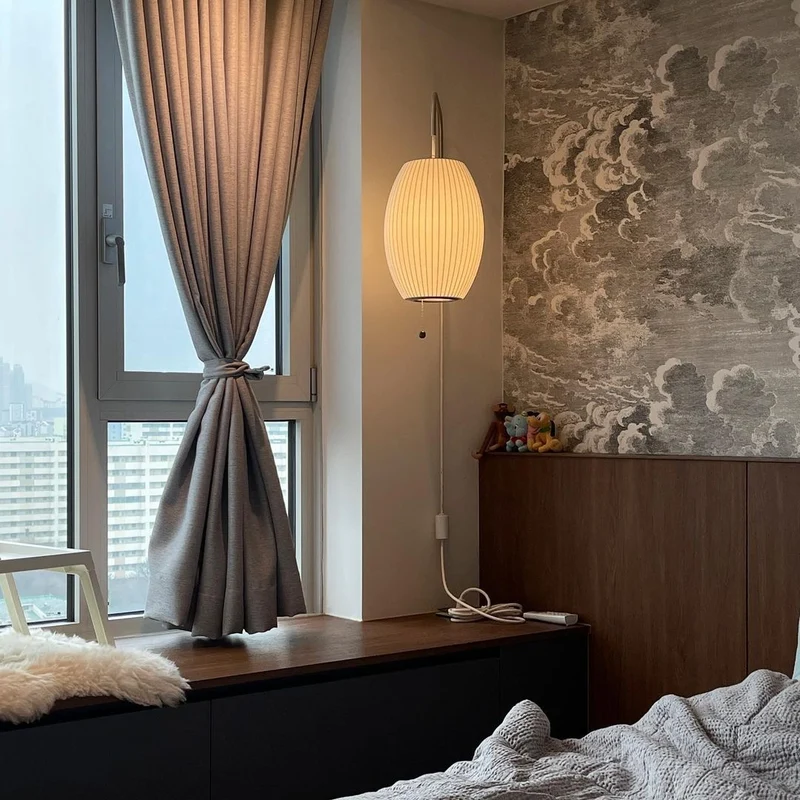 Wandlamp Zijden Kap Walnoot Metaal Wit Woonkamer Slaapkamer | Sansoti