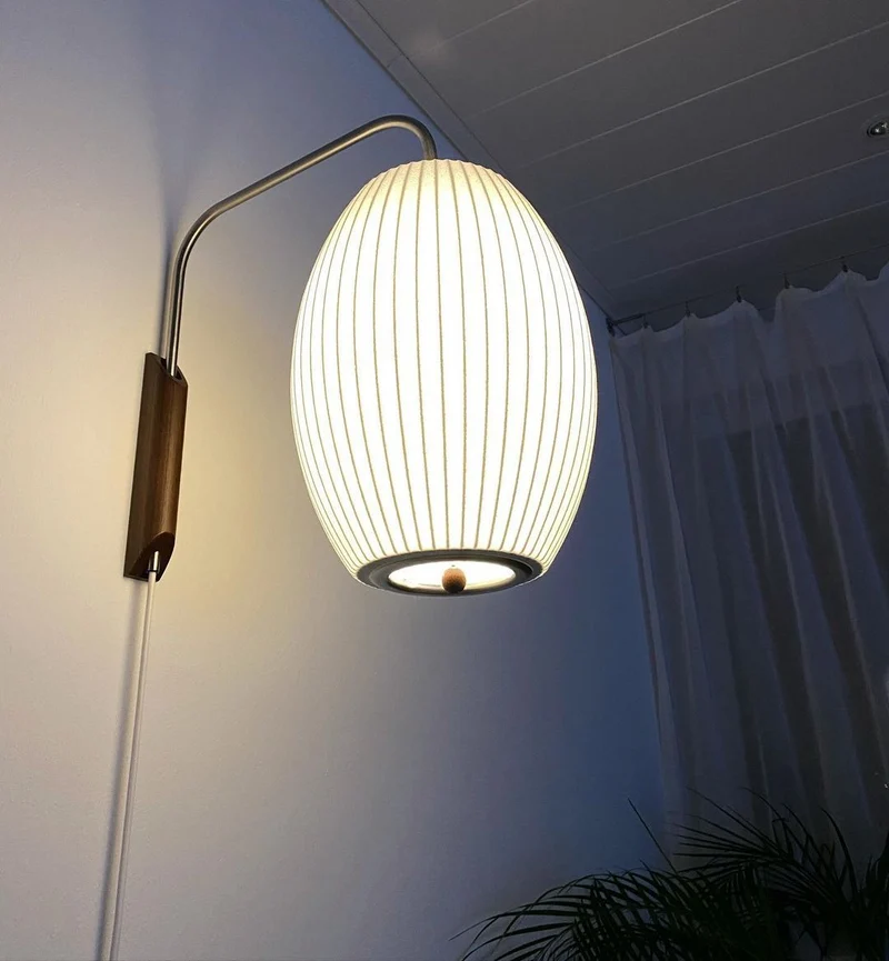 Wandlamp Zijden Kap Walnoot Metaal Wit Woonkamer Slaapkamer | Sansoti