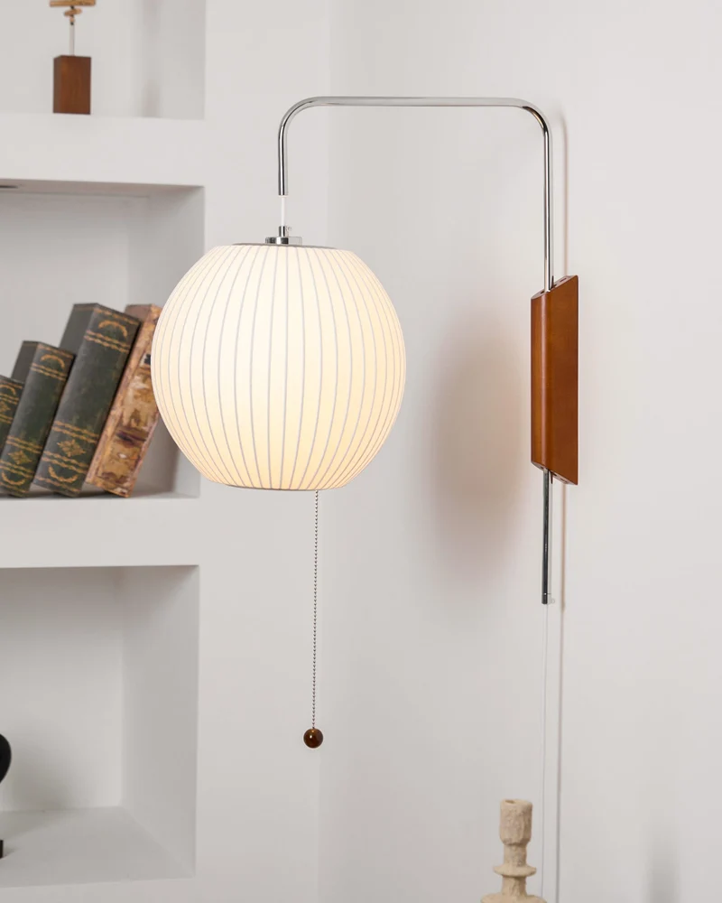 Wandlamp Zijden Kap Walnoot Metaal Wit Woonkamer Slaapkamer | Sansoti