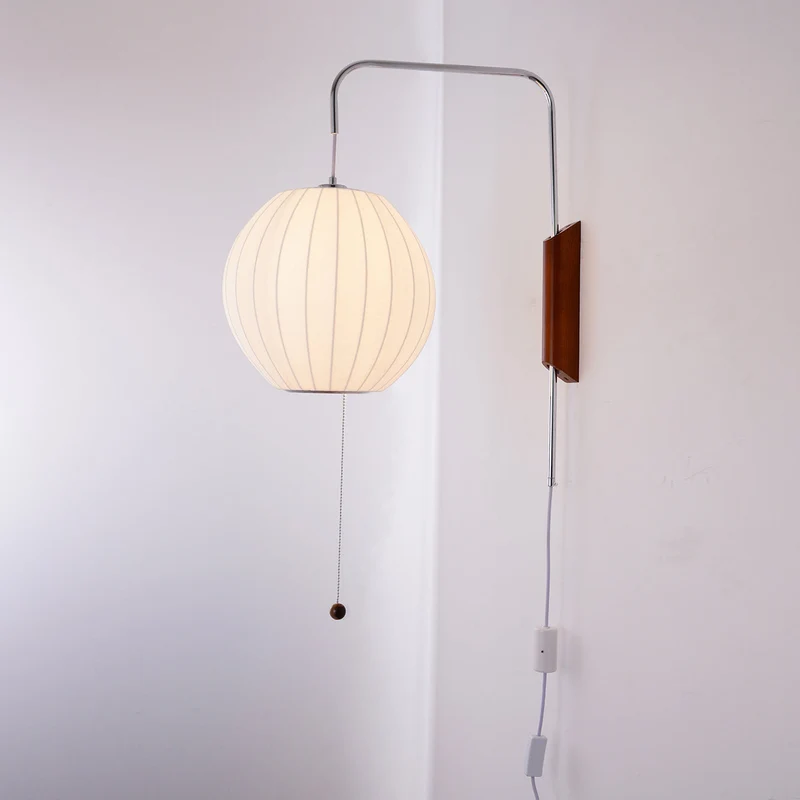 Wandlamp Zijden Kap Walnoot Metaal Wit Woonkamer Slaapkamer | Sansoti