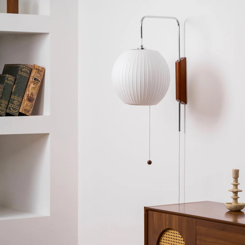 Wandlamp Zijden Kap Walnoot Metaal Wit Woonkamer Slaapkamer | Sansoti