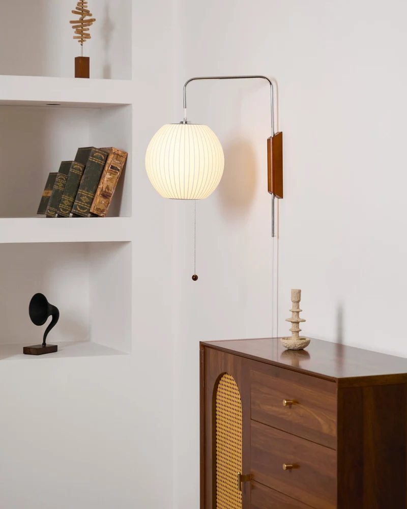 Wandlamp Zijden Kap Walnoot Metaal Wit Woonkamer Slaapkamer | Sansoti