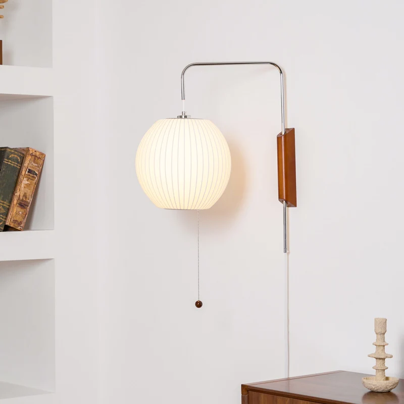 Wandlamp Zijden Kap Walnoot Metaal Wit Woonkamer Slaapkamer | Sansoti