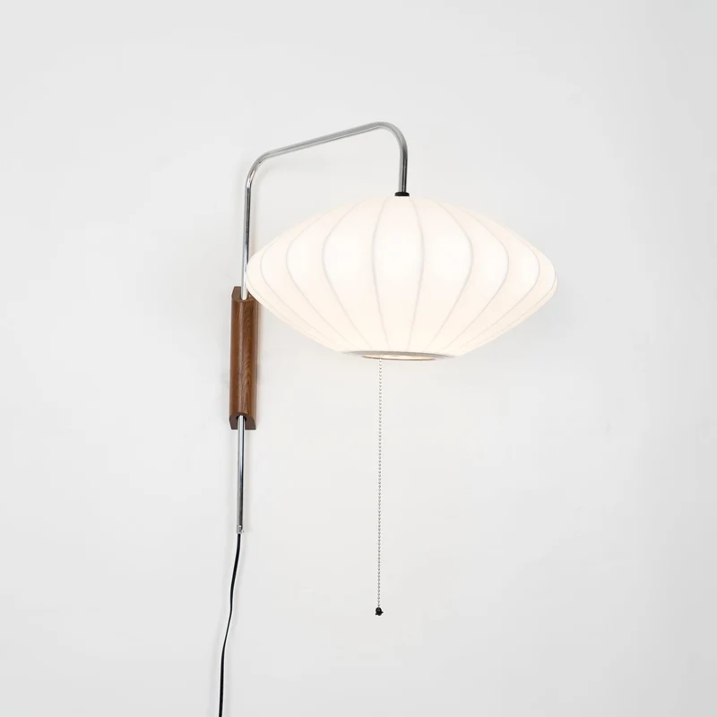 Wandlamp Zijden Kap Walnoot Metaal Wit Woonkamer Slaapkamer | Sansoti