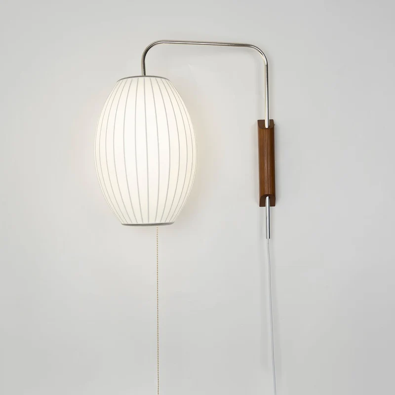Wandlamp Zijden Kap Walnoot Metaal Wit Woonkamer Slaapkamer | Sansoti