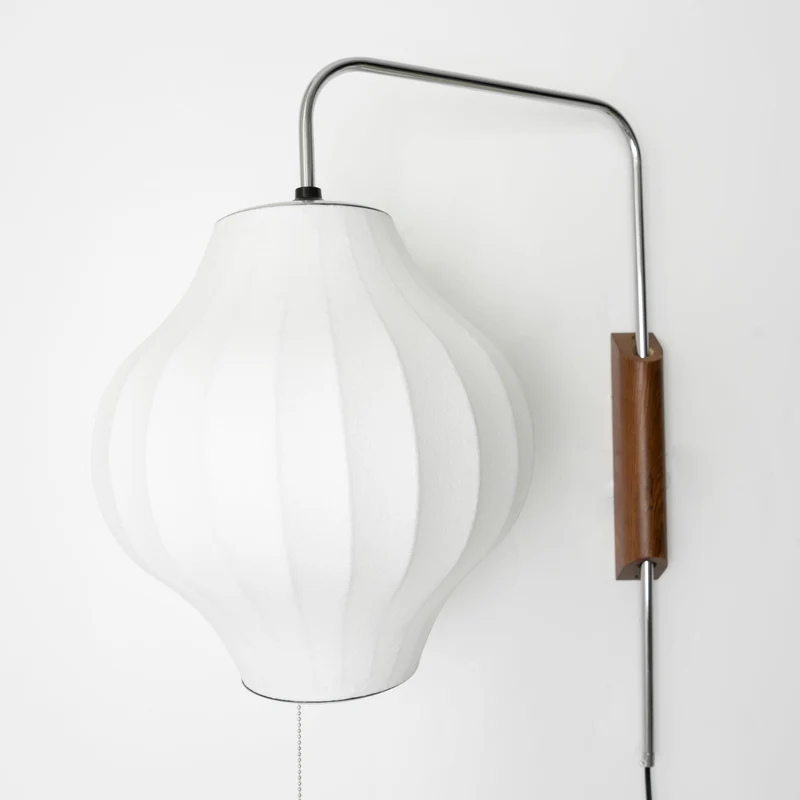 Wandlamp Zijden Kap Walnoot Metaal Wit Woonkamer Slaapkamer | Sansoti