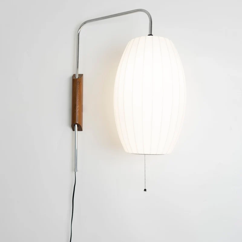 Wandlamp Zijden Kap Walnoot Metaal Wit Woonkamer Slaapkamer | Sansoti