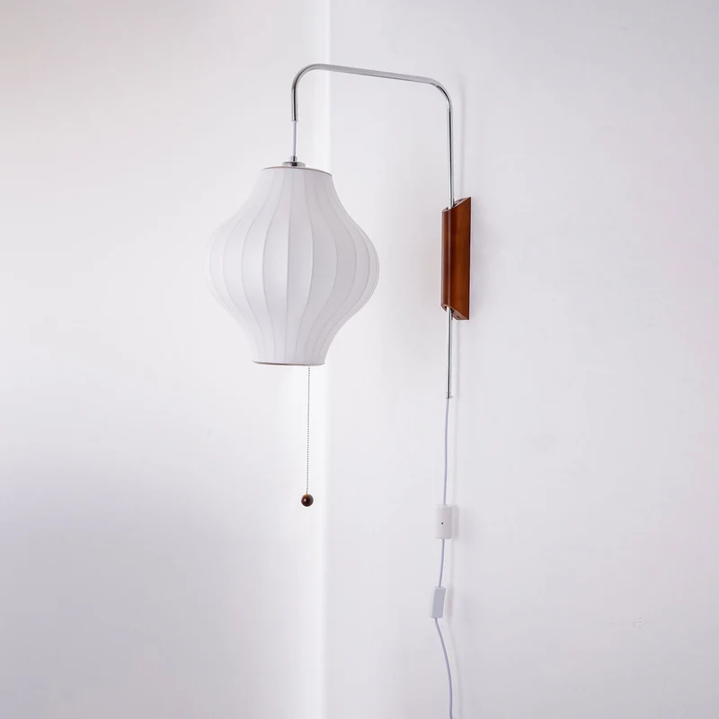 Wandlamp Zijden Kap Walnoot Metaal Wit Woonkamer Slaapkamer | Sansoti