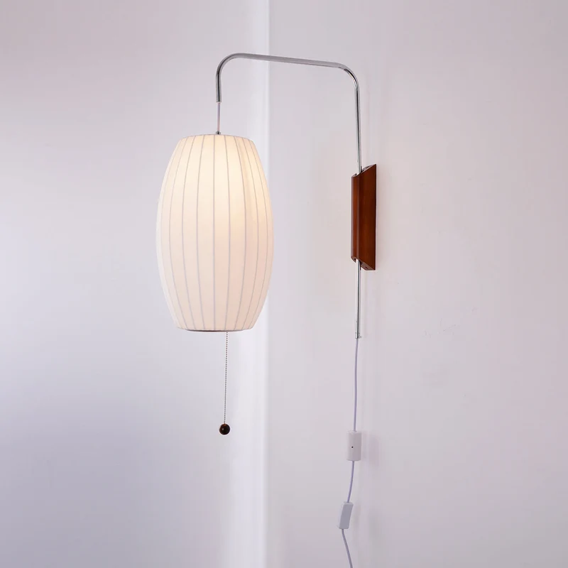 Wandlamp Zijden Kap Walnoot Metaal Wit Woonkamer Slaapkamer | Sansoti