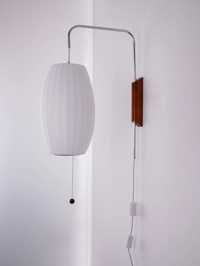 Wandlamp Zijden Kap Walnoot Metaal Wit Woonkamer Slaapkamer | Sansoti