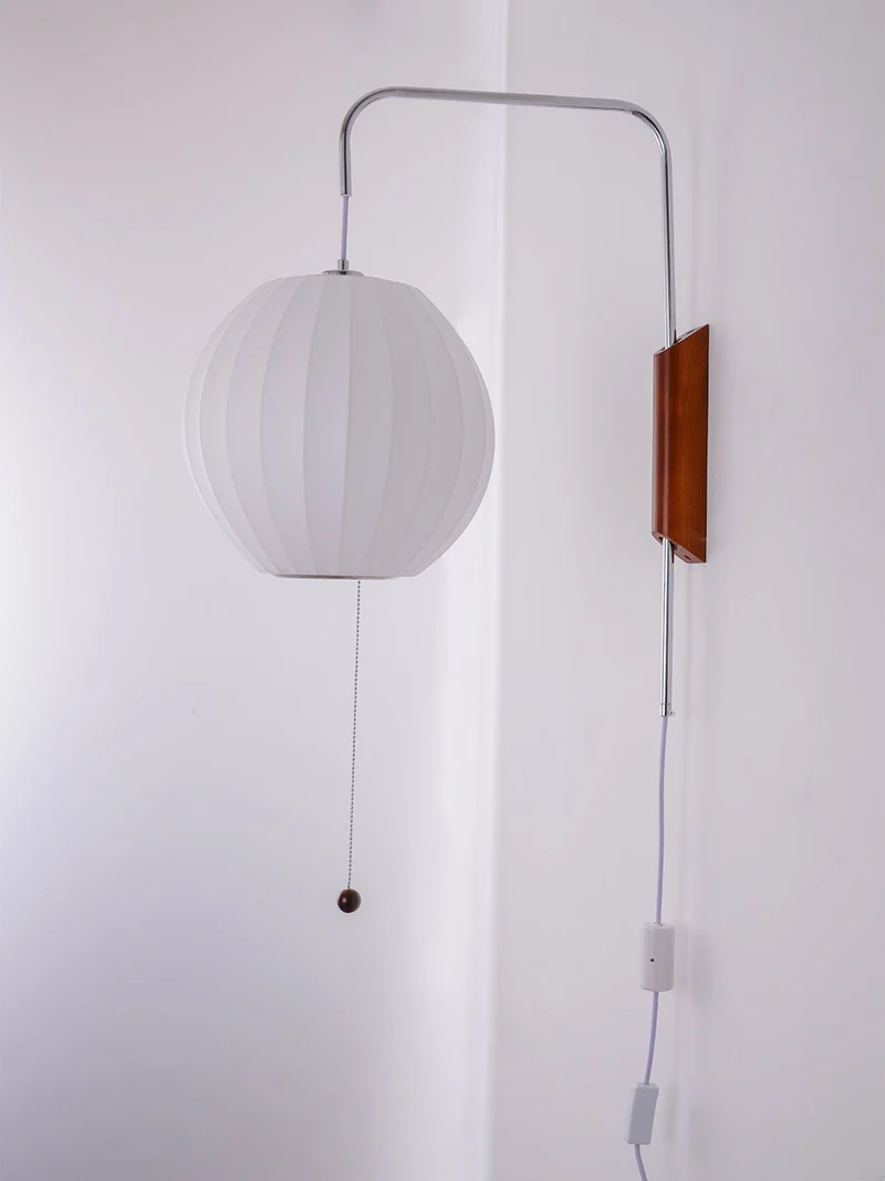 Wandlamp Zijden Kap Walnoot Metaal Wit Woonkamer Slaapkamer | Sansoti
