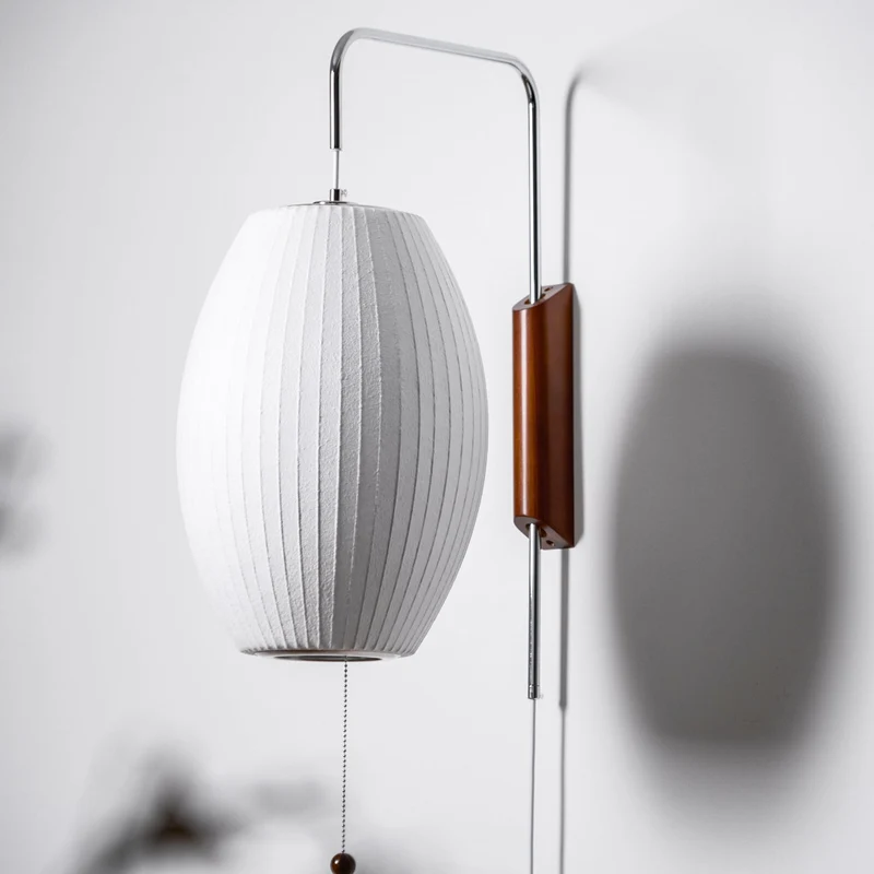 Wandlamp Zijden Kap Walnoot Metaal Wit Woonkamer Slaapkamer | Sansoti