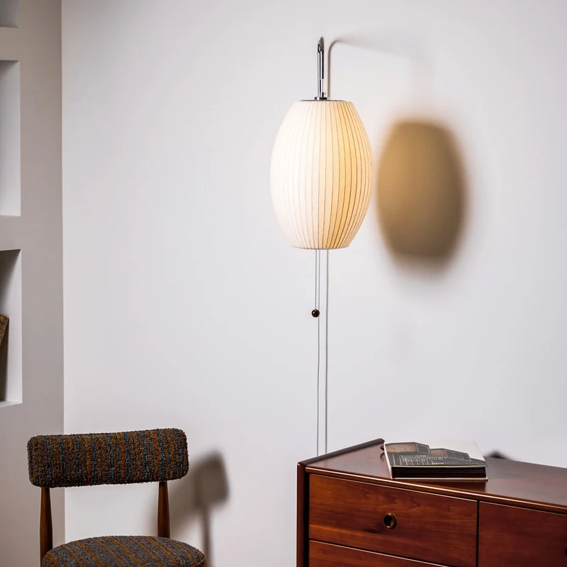 Wandlamp Zijden Kap Walnoot Metaal Wit Woonkamer Slaapkamer | Sansoti