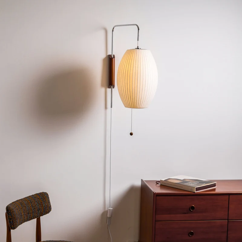 Wandlamp Zijden Kap Walnoot Metaal Wit Woonkamer Slaapkamer | Sansoti