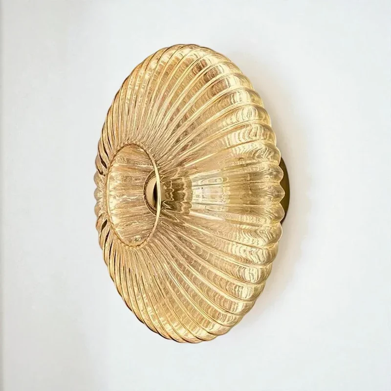 Ronde Glazen Wandlamp Geribbeld Schelp Design Goud Amber Woonkamer | Sansoti