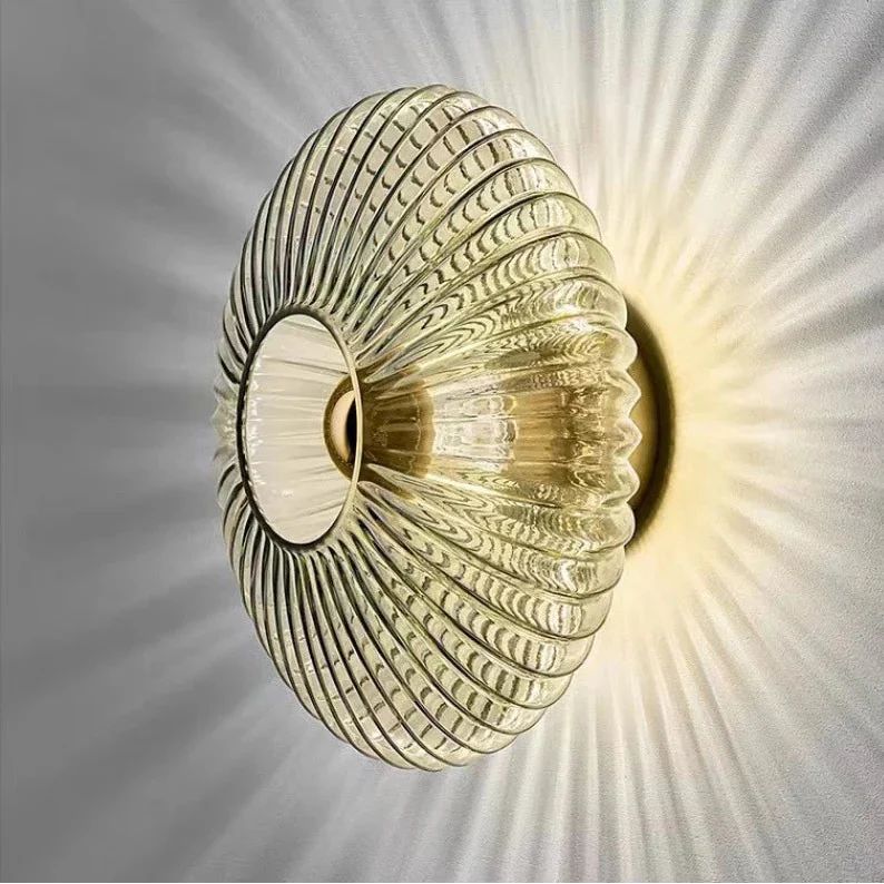 Ronde Glazen Wandlamp Geribbeld Schelp Design Goud Amber Woonkamer | Sansoti