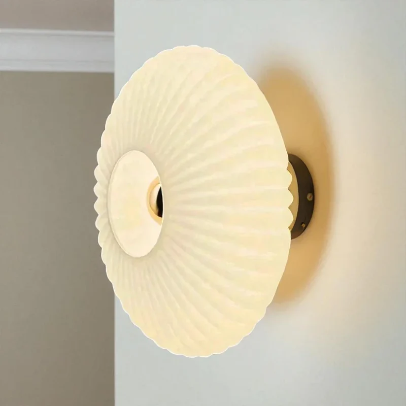 Ronde Glazen Wandlamp Geribbeld Schelp Design Goud Amber Woonkamer | Sansoti