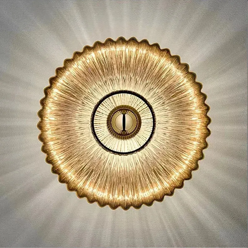 Ronde Glazen Wandlamp Geribbeld Schelp Design Goud Amber Woonkamer | Sansoti