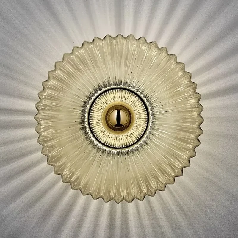 Ronde Glazen Wandlamp Geribbeld Schelp Design Goud Amber Woonkamer | Sansoti