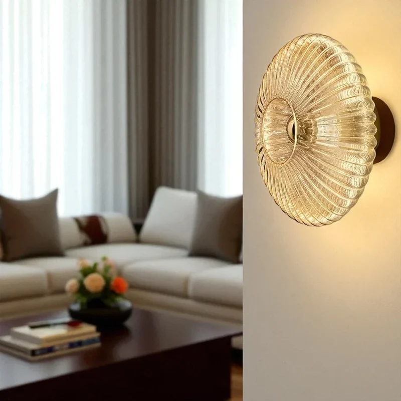 Ronde Glazen Wandlamp Geribbeld Schelp Design Goud Amber Woonkamer | Sansoti