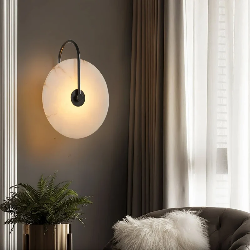 Wandlamp Marmer LED Rond Alabaster Goud Minimalistisch Luxe Woonkamer Slaapkamer | Sansoti