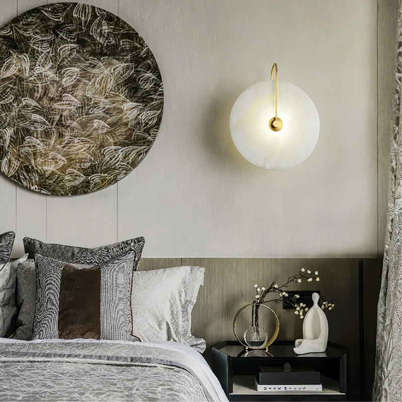 Wandlamp Marmer LED Rond Alabaster Goud Minimalistisch Luxe Woonkamer Slaapkamer | Sansoti