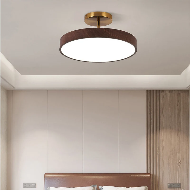 LED Plafondlamp Houtlook Goud Rond Half-Opbouw Woonkamer Slaapkamer Eetkamer Design Plafondverlichting | Sansoti