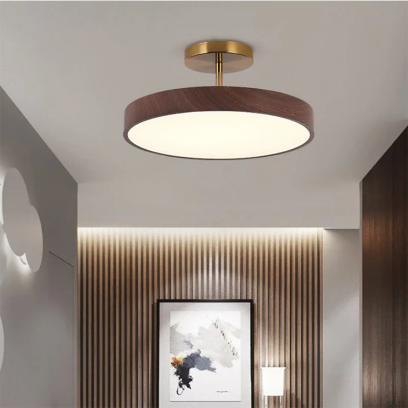 LED Plafondlamp Houtlook Goud Rond Half-Opbouw Woonkamer Slaapkamer Eetkamer Design Plafondverlichting | Sansoti