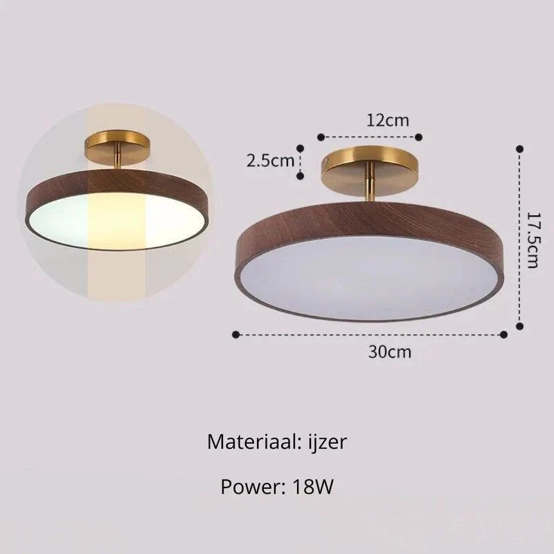 LED Plafondlamp Houtlook Goud Rond Half-Opbouw Woonkamer Slaapkamer Eetkamer Design Plafondverlichting | Sansoti