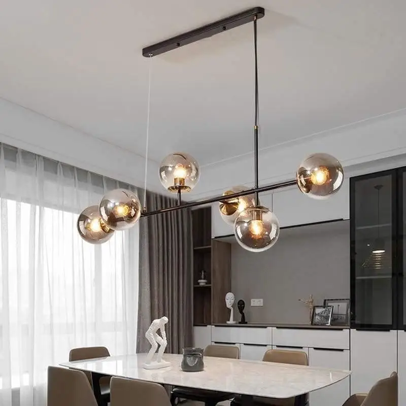 Hanglamp Glas Vintage 6-Lichts Aluminium Zwart Goud 120cm Verstelbaar Eetkamer Woonkamer | Sansoti