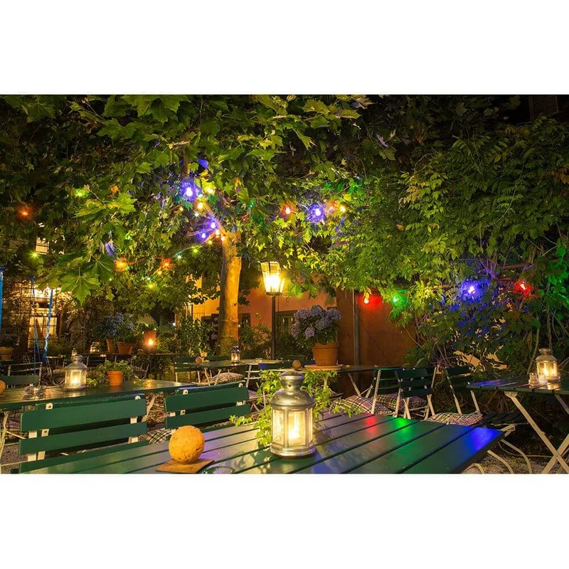 LED Biergartenkette 10er bunt milchig 80 Warmweiße Dioden 24V