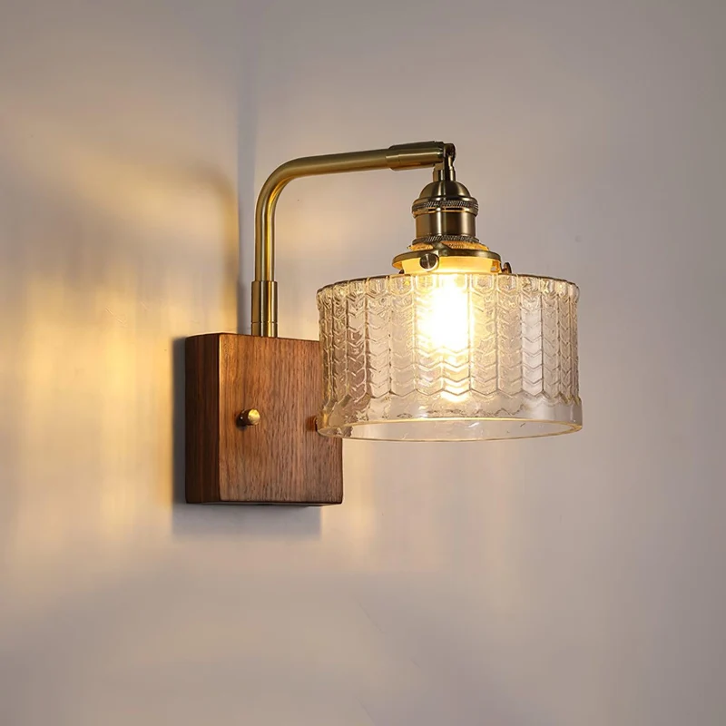 Wandlamp Glas Hout Koper E27 Woonkamer Slaapkamer Retro Warm Licht 24cm | Sansoti